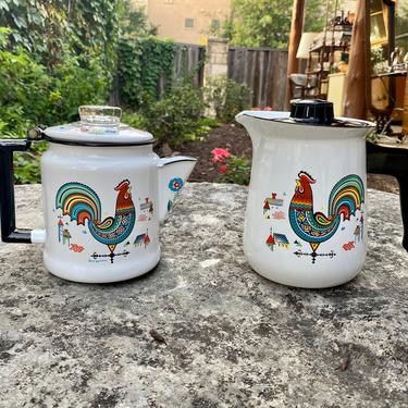 Mid-Century Berggren Swedish Folk Art Enameled Metal Coffee Pot and Lidded Pitcher with Rainbow Rooster Design 