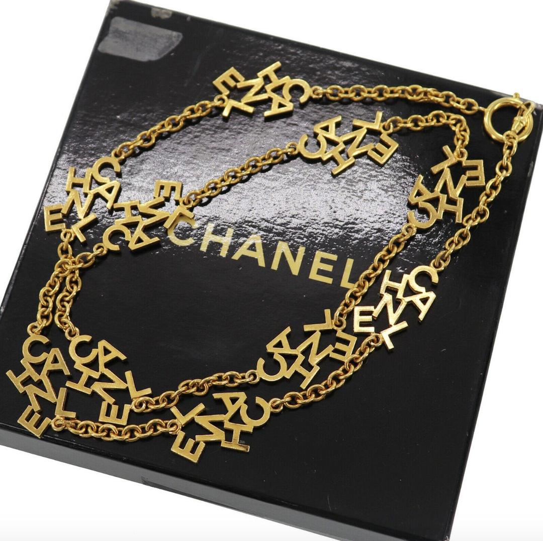 Vintage 90's CHANEL LOGO LETTERS Monogram Gold Plated Charm Necklace, Moonstone  Vintage