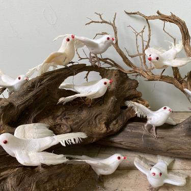 Vintage Flock Of 10 Plastic Flocked With Feather White Doves, Wedding Decor, Holiday, White Floral Arranging Birds 