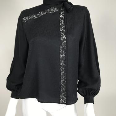 Valentino Vintage Black Silk Jacquard Tie Neck Blouse
