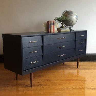 blue mid century modern dresser Blue Vintage Mid-century Modern Dresser Set | Gold Hardware & Detail | 9 Drawer Dresser + 1 Drawer Nightstand | Restored Furniture