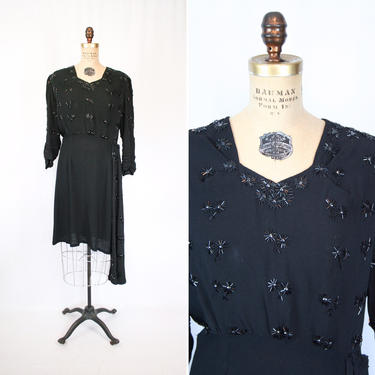 Janet Taylor rayon 40s dress | Vintage black rayon crepe faux wrap dress | 1940s embroidered floral black rayon dress 