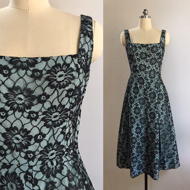 Vintage 1950s 50s 50's women's sleeveless wide strap teal black floral lace fit &amp; flare full skirt formal dress Small 36 bust 27 waist AS IS 
