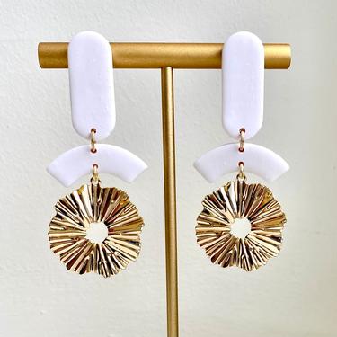 White Clay and Gold Dangle Earrings 