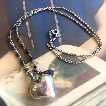 Ocean Heart [assemblage necklace: vintage pendant, sterling silver, sapphire] 