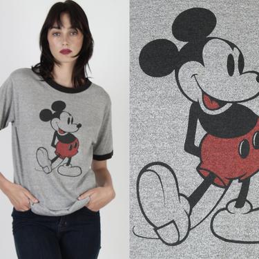Mickey Mouse T Shirt / Heather Grey Mickey T Shirt / Disneyland Cartoon Tee / Vintage 80s Walt Disney Gray Ringer Tri Blend T Shirt L 