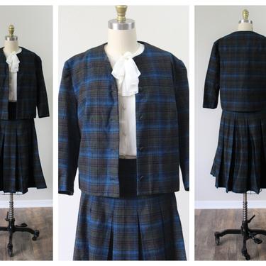 Vintage 1950s Blue Black Early PENDLETON Shadow Box Plaid Short Jacket Matching Full Pleated Skirt dress set  // School Girl // US 2 4 