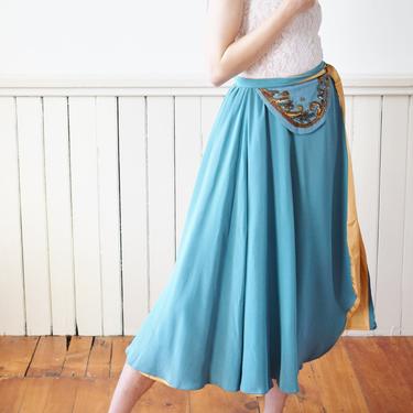 1940s Teal and Gold Wrap Skirt | XXS/XS | Vintage 40s Bias Cut Rayon Swing Skirt with Sequins and Tie Waist 