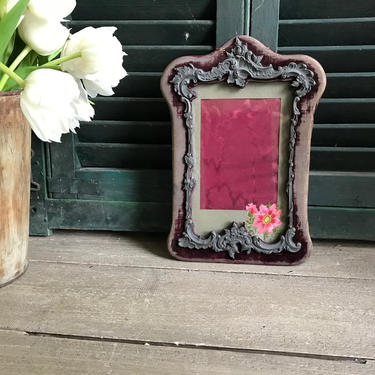French Keepsake Picture Photo Frame, Velvet Metal Frame, Watered Silk, Floral Embroidery Appliqué 
