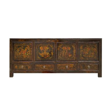 Chinese Distressed Gloss Brown Graphic Scenery Sideboard Cabinet cs6937E 