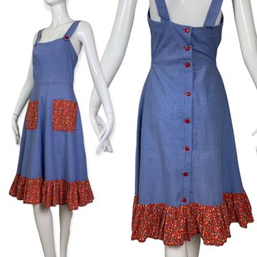 60’s chambray and red floral patch dress 