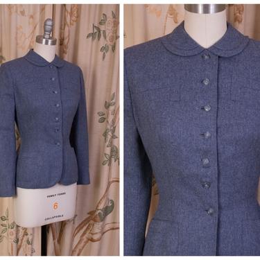 1950s Jacket - Authentic British Tweed 50s Tailored Wool Jacket in Blue, White and Grey with Peter Pan Collar 