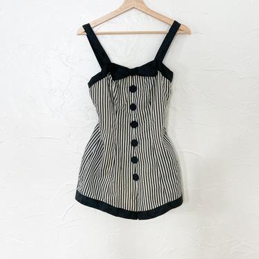 50s Black and White Striped Nylon Swimsuit by Ceeb of Miami | Extra Small/Small 
