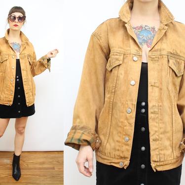 Vintage 90's Brown Acid Wash Flannel Lined Denim Jacket / 1990's Acid Wash Spring Jacket / Women's Size Medium by Ru