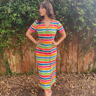 Vintage 90s Silk Double breasted Striped Colorful Bandage Dress S M 