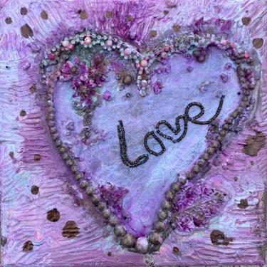 Valentine's Day Artwork Hearts Original Painting ~ Floral Art Mix Media On Canvas ~ Heart Painting  ~ Vintage Art 