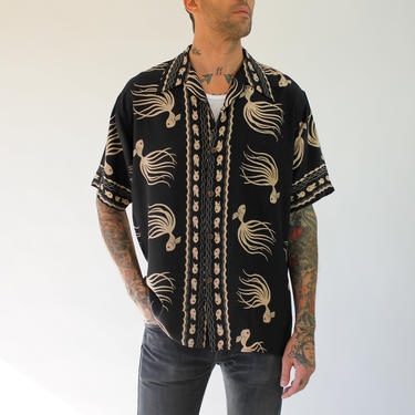 Vintage 40s Style Avanti Black Silk Hawaiian Loop Collar Shirt w/ Butterfly Koi Fish Print | 100% Silk | Size Large | 1940s Style Silk Shirt 
