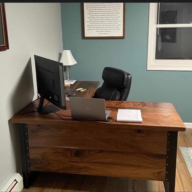 Walnut L Shaped Desk with Wall. Stand alone Desk. Office Desk. Executive Desk. Hardwood Desk. Modern Desk. Corner Desk. 