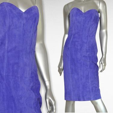 Vintage Purple Suede Strapless Dress Fitted Knee Length Leather Dress 