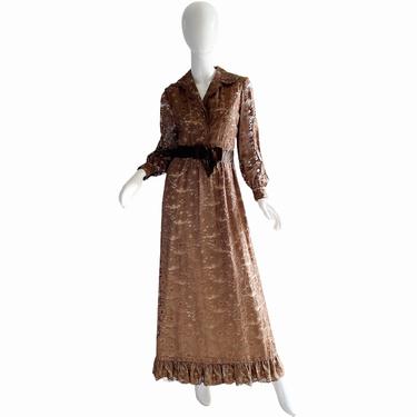 70s Pat Sandler Lace Dress / Vintage Wedding Alencon Ribbon Dress / 1970s Maxi Gown Medium 