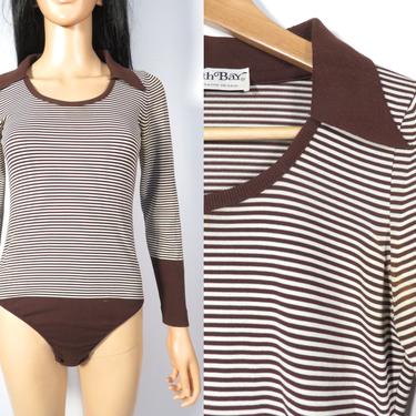 Vintage 70s Brown Striped Scoop Neck Collared Bodysuit Size S/M 