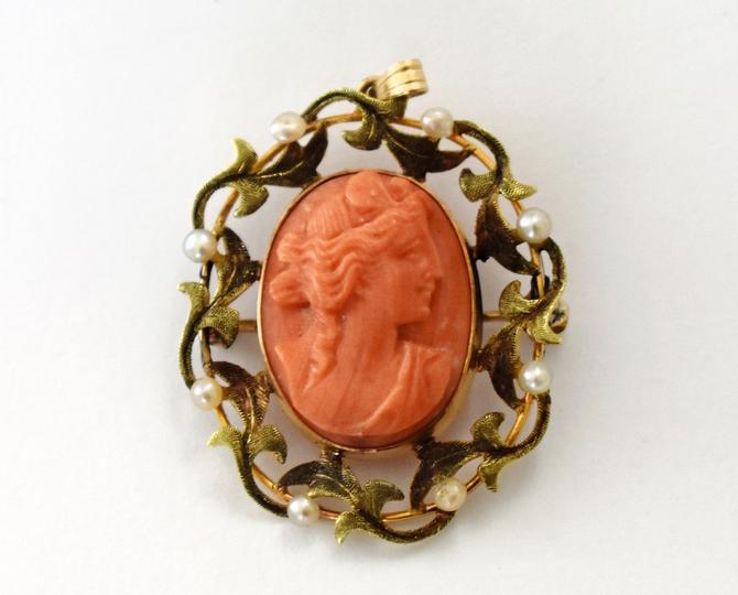 40&amp;#39;s coral cameo pearls 14k gold oval pendant pin, ornate antiqued gold leaves seed pearls woman&amp;#39;s portrait statement brooch 