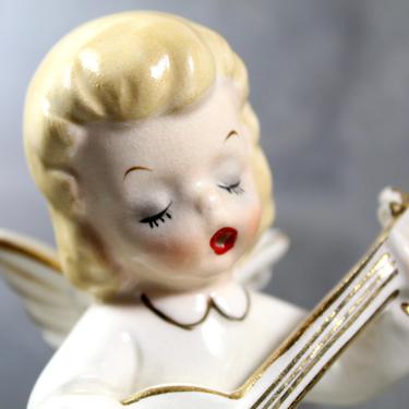 Musical Angel - Vintage Banjo Playing Angel Sitting on Log - Singing Angel with Gold Accents and Spaghetti Porcelain | FREE SHIPPING 