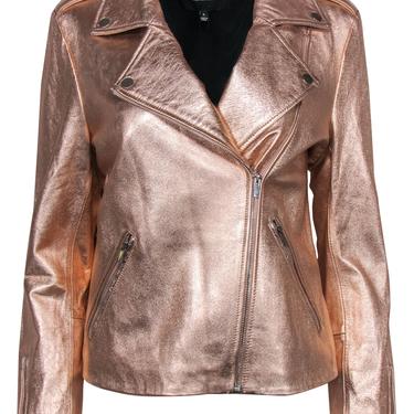 Neiman Marcus - Rose Gold Metallic Leather Zip-Up Moto-Style Jacket Sz L