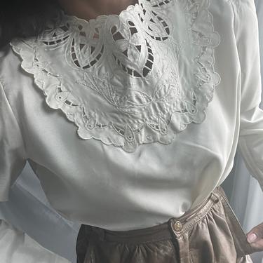 vintage white puff sleeve latticed open cut embroidered ornate collar 1980s silky blouse 