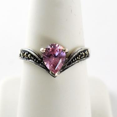 80's Charles Winston size 7.5 pink tourmaline 925 silver marcasite bling ring, CW pear cut gem pyrite sterling chevron ring 