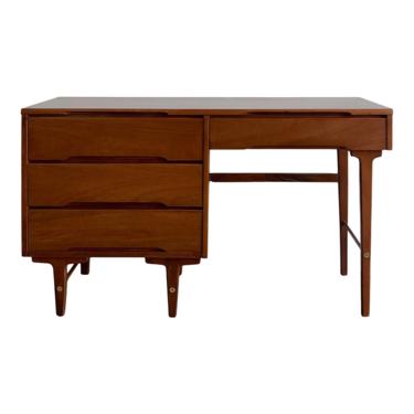 Free and Insured Shipping Within US - Vintage Mid Century Modern Desk Table with Four Dovetailed Drawers and Brass Accents 