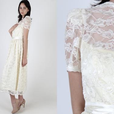 Vintage 80s Ivory Lace Dress / Sheer Cap Sleeve Scallop Hem Maxi Dress / 1980s Sheer See Through Floral Wedding Bridal Ceremony Dress 