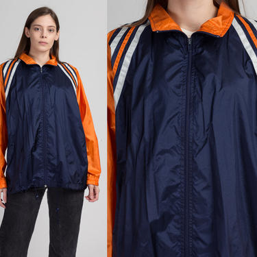 Vintage Color Block Streetwear Windbreaker - Men's Large | 80s 90s Navy Blue Striped Athletic Track Jacket 