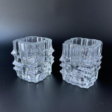 Pair of Scandinavian-style Sculptural Reversible Glass Tealight Holders Candle Holders style of Kosta Boda Orrefors 