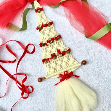 Vintage Macrame Holiday Decor, Christmas Tree, Jingle Bells, Wall Hanging, Mid Century Home 