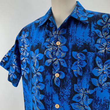 1950's 60'S Hawiian Shirt / by REEF Sportswear / Electric Blue with Black &amp; Gold Screen Printed Details / Loop Collar / Men's Size LARGE 