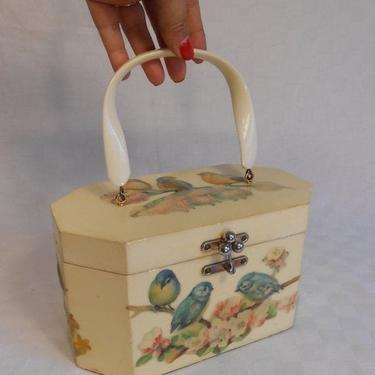 Holiday Sale 30% Off ThreeLittle Dickie Birds - Vintage 1950s Blue Birds On Cherry Blossoms Decoupage Wooden Handbag 