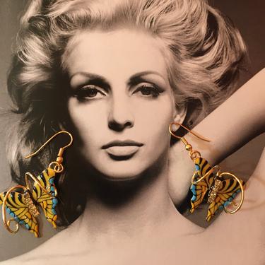 1980s earrings, vintage Lunch at the ritz, butterfly earrings, novelty jewelry, yellow and blue, enamel, rhinestones, bug earrings, LATR, 