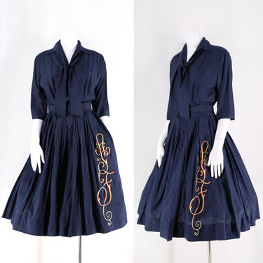 50s navy silk Bergdorf Goodman monogrammed day dress / 1950s vintage blue circle skirt belted dress sz L 