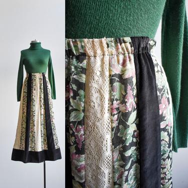 Heavy Vintage Black Floral Tapestry Maxi Skirt 