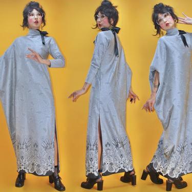 Vintage 1960s 1970s MOD Groovy OP Art Aquarium Asymmetrical Metallic Silver Kaftan Dress/Fits All/ 60s 70s Boho Hippie Folk Psychedelic 
