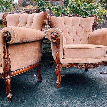 Blush Pink Ornate Italian Arm Chair, French Italian Victorian upholstered chair, French Bergere Style Chair, Carved wood Lounge Chair 