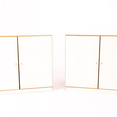 Bauhaus Mid Century White Laminate and Brass 2 Door Cabinet Nightstand Pair - mcm 