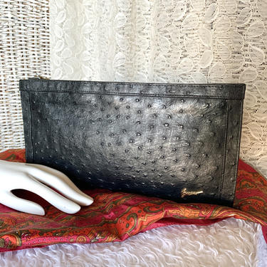 Black Leather Clutch Purse, Ostrich Skin Embossed Pattern, Large, Tons of Room, Vintage 70s 80s 