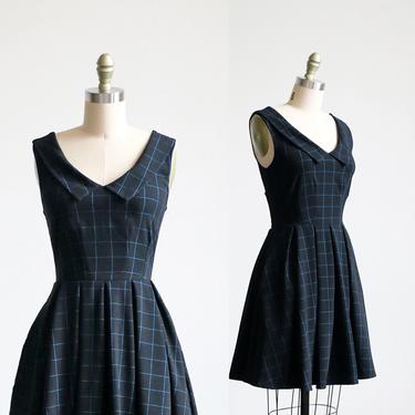 SUNDAY | Black - little black checker print dress with collar and pockets. vintage inspired pin up mod retro day dress w full pleated skirt 