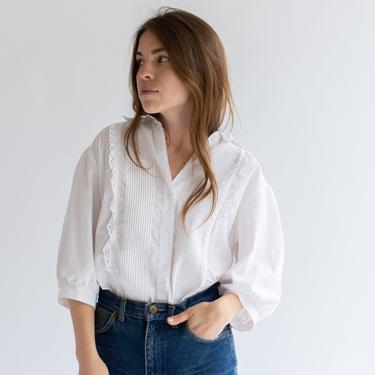 Vintage White Cotton Pleat Shirt | Victorian Style Romantic Folk Blouse | M L 