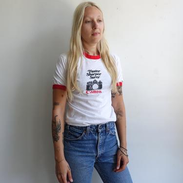 Vintage 70s Canon Camera Ringer T Shirt/ 1970s Photography Promotional White T Shirt/Hanes 50 50 Soft Thin/ Small 