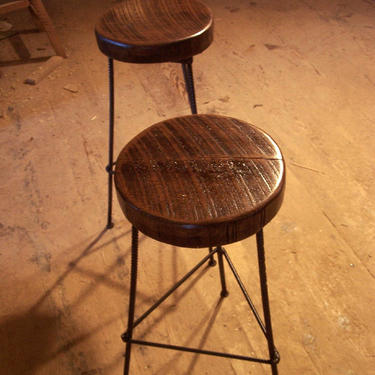 Free Shipping Reclaimed Wood 3 Leg Industrial Style Factory Bar Stools Made from Rebar 