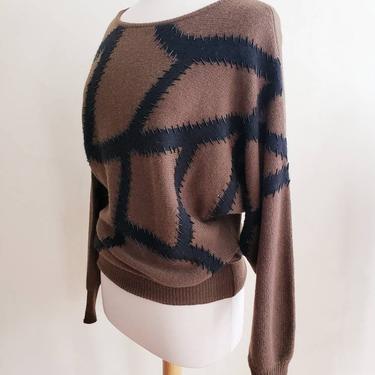 1980s Brown &amp; Black Wool Sweater with Beads / 80s Beaded Pullover Dolman Sleeves by Vanessa 