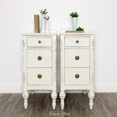 Vintage White Three Drawer Nightstands - Antique Bedside Tables 